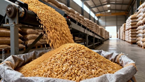 Dynamic grain harvesting in modern facility promises bountiful yields, embodying efficiency and agricultural progress, ideal for food production visuals
