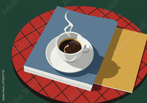 A cup of coffee sits atop a magazine on a red table, creating a cozy and inviting scene, perfect for a relaxing morning or afternoon break