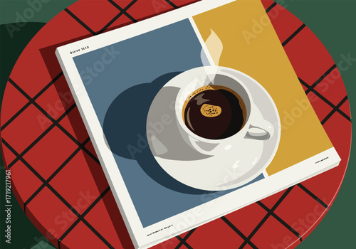 A cup of coffee sits atop a magazine on a red table, creating a cozy and inviting scene, perfect for a relaxing morning or afternoon break
