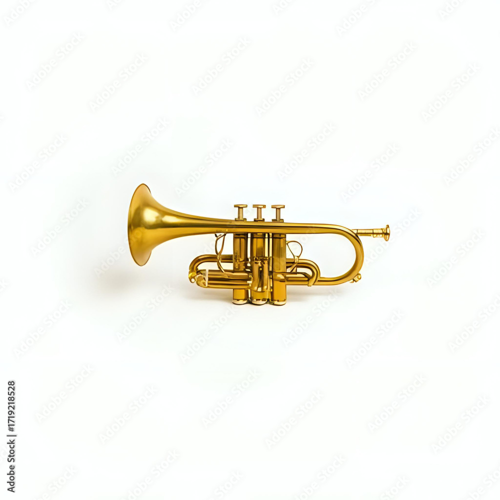 Obraz premium A meticulously polished brass instrument, likely a cornet or trumpet, gleams in golden hues against a stark white studio background, embodying the elegance and potential for rich musical melodies. Its