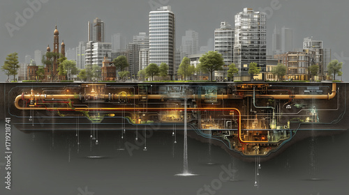 Conceptual illustration of a city with underground infrastructure, showcasing water technology, pipes, and urban planning, highlighting sustainable resources and engineering, with a focus on water