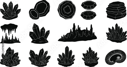 Hand-drawn crystal and mineral formations vector set featuring geodes, fossils, stalagmites, and stylized cave structures in black and white