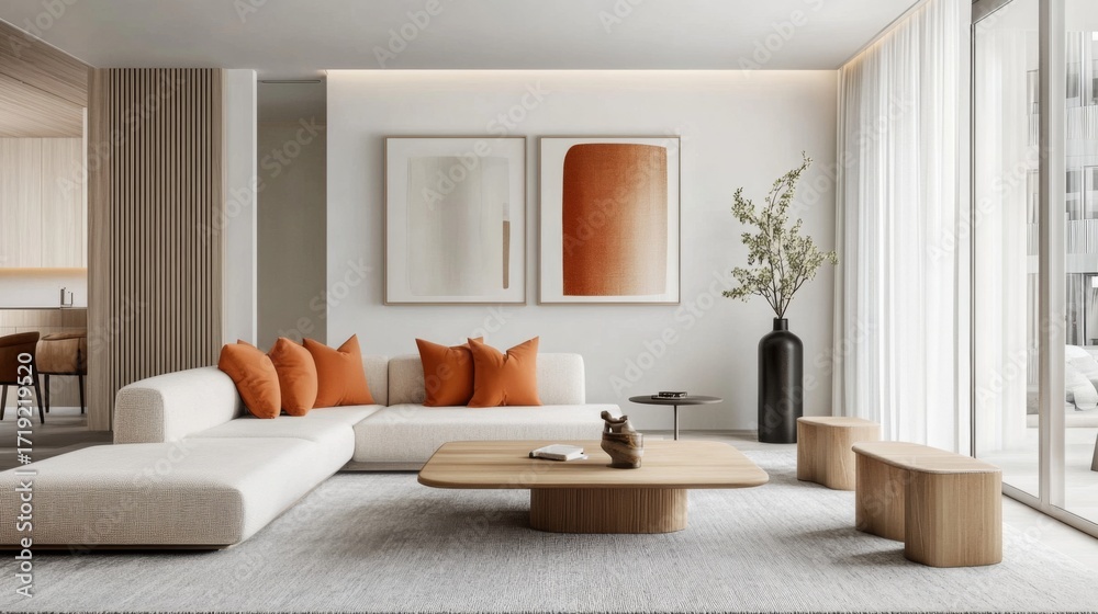 Fototapeta premium Modern Living Room with White Sofa, Blue Pillows, Artworks, Wooden A featuring cozy