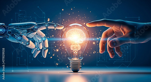 Human and ai hands reaching for a glowing brain inside a lightbulb representing artificial intelligence and the future of technology