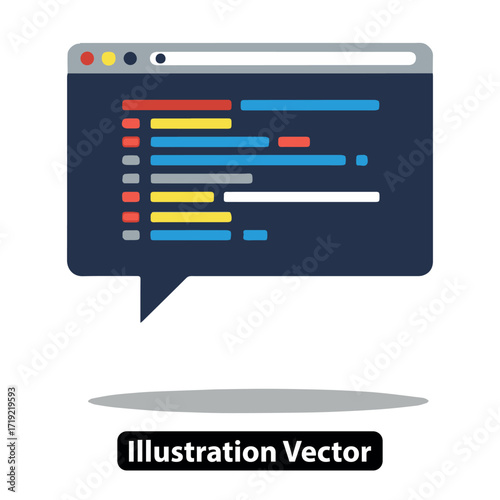 Illustration of a computer browser window displaying lines of code within a chat bubble
