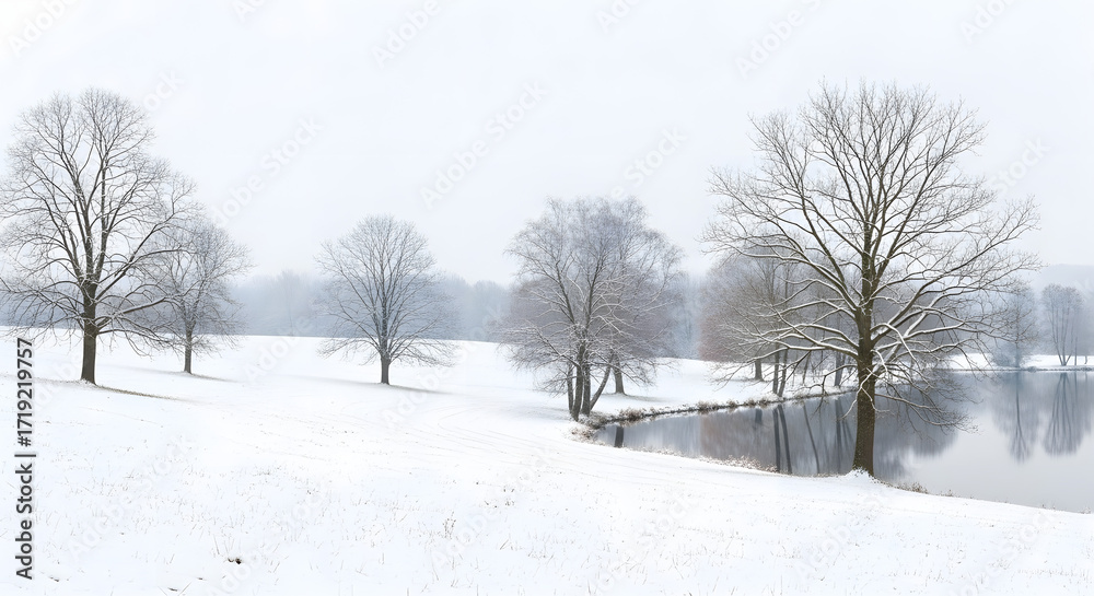 Fototapeta premium Winter Wonderland Frozen Trees by Lake during Snowfall in Minimalist Landscape