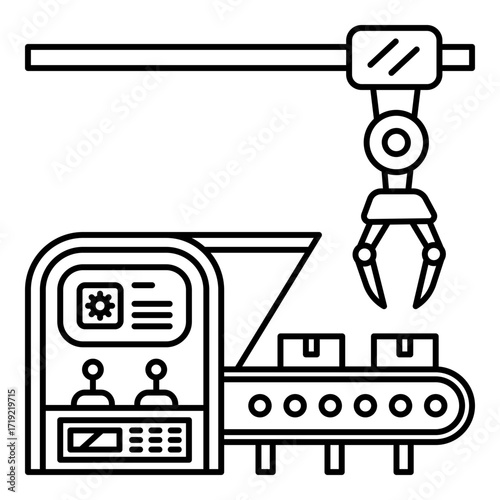 A Robot Arm with a Gripper Moving Cardboard Boxes on a Conveyor Belt in a Modern Factory or Warehouse, Representing Smart Logistics, Automated Packaging, and Efficient Industrial Automation Systems.