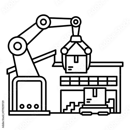 Industrial Robotic Arm Lifting and Placing a Cardboard Box in a Modern Warehouse or Distribution Center Line Vector, Highlighting the Efficiency of Automated Freight Handling, and Smart Logistics.