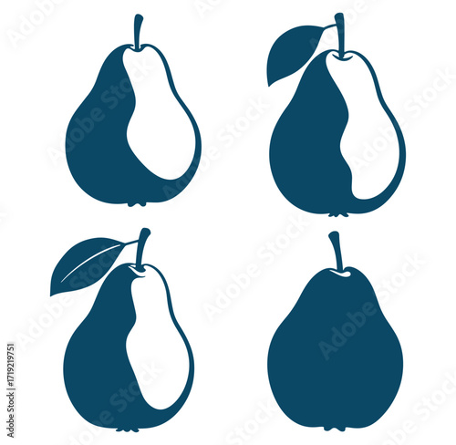 Simple dark blue pear silhouettes with leaves on white background for design and decoration