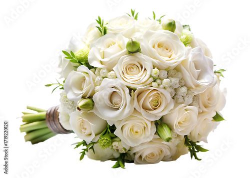 Elegant White Rose Wedding Bouquet with Greenery roses flowers isolated on a transparent background
