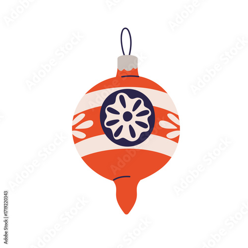 Christmas bauble, ornament. Vintage retro style decoration. Xmas tree ball. Antique decor, festive adornment, holiday accessory with pattern. Flat vector illustration isolated on white background