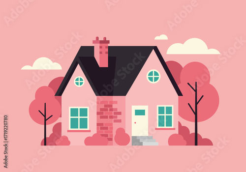 A charming pink house nestled among trees, featuring a brick chimney, a black roof, and round windows, all set against a soft pink background, creating a whimsical and inviting scene