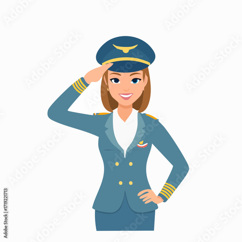 Flat illustration happy smiling women captain plane pilot isolated on white background
