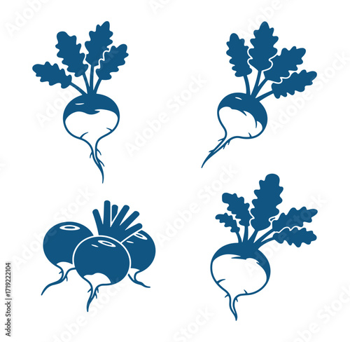 Stylized illustration of dark blue radishes and their leaves against a white background