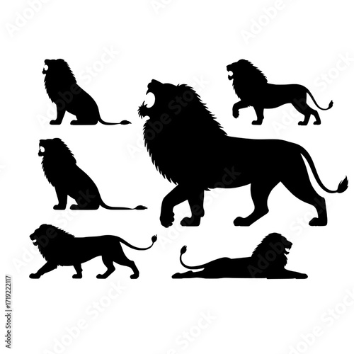 Collection of diverse lion silhouettes in various poses isolated on transparent background