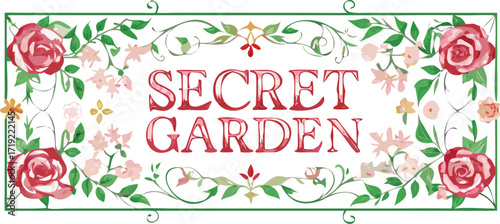 Logo of a secret garden featuring lush greenery and whimsical elements, symbolizing tranquility and hidden beauty.