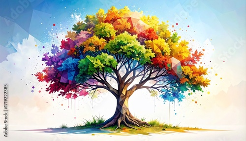 Vibrant tree illustration displaying a kaleidoscope of colorful leaves and geometric shapes