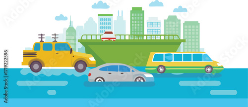 A busy urban road with various cars and trucks driving alongside each other.