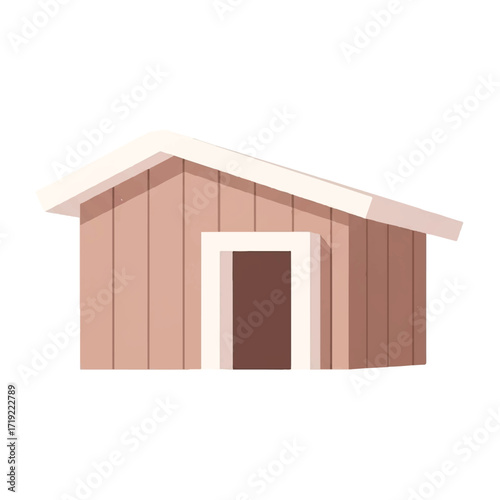 Simple illustration of a small brown wooden shed with a white roof and doorway against a plain white background.