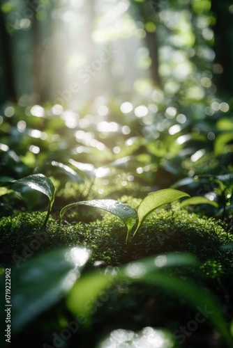 Serene close-up of lush forest floor with dense greenery, dappled green foliage sunlight filtering