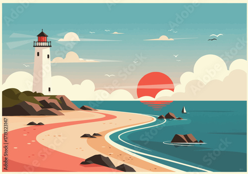 A picturesque lighthouse stands tall on a rocky shore, with a vibrant sunset painting the sky, as waves gently roll onto the sandy beach, creating a serene coastal landscape
