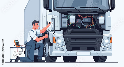 Mechanic Working on the Engine of a Semi-Truck