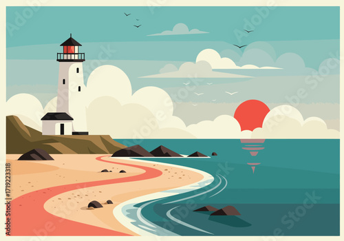 A picturesque lighthouse stands tall on a rocky shore, with a vibrant sunset painting the sky, as waves gently roll onto the sandy beach, creating a serene coastal landscape