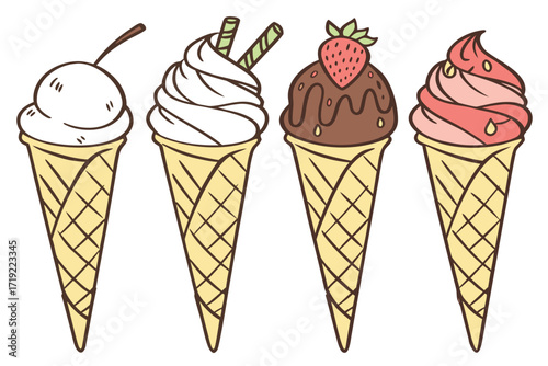 A delightful vector illustration set of colorful ice cream cones with various sweet flavors and toppings, perfect for a cold summer dessert