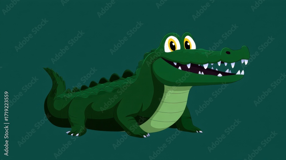 Naklejka premium Playful Cartoon Crocodile with Wide Open Mouth Displaying a Fun and Joyful Expression Amidst a Vibrant Colorful Background Evoking Whimsy and Delight