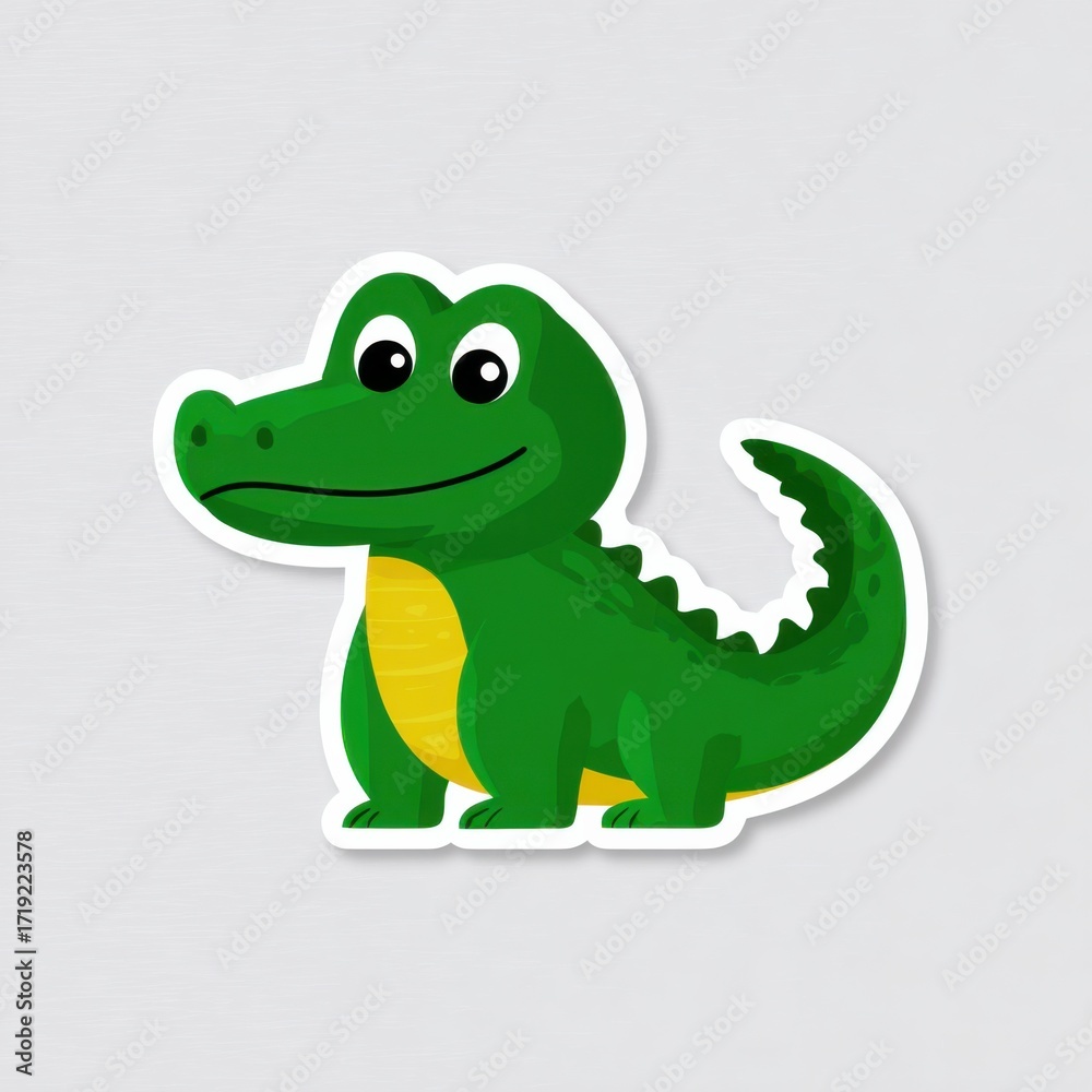 Fototapeta premium Vibrant Green Dinosaur Sticker with Bright Yellow Tail Set Against a Simple Background Perfect for Children and Fun Decor in Playful Environments