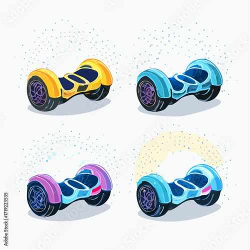 Colorful illustration of modern self-balancing scooters, depicting innovative personal mobility devices for urban adventures, recreation, and efficient commutes