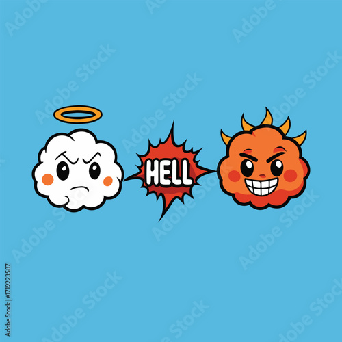 Cartoon clouds with the words "hell" and "angel," representing opposing concepts of morality and spirituality.