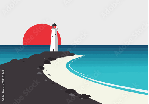 A picturesque lighthouse stands tall on a rocky shore, with a vibrant sunset painting the sky, as waves gently roll onto the sandy beach, creating a serene coastal landscape