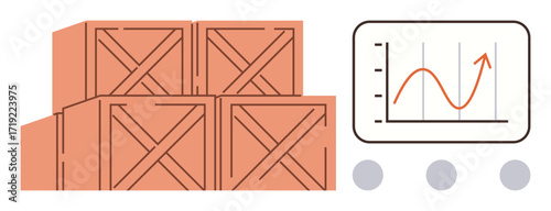 Stacked wooden crates beside a line graph indicating data trends and progress. Ideal for supply chain, inventory, logistics, data analysis, warehouse management, business growth, simple flat metaphor