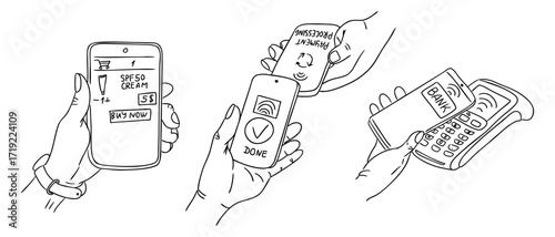 Hand drawn set of mobile payment concepts showing contactless transactions and online shopping. Illustrates modern financial technology, convenience and digital economy