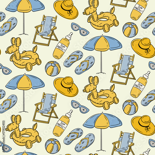 Seamless hand drawn vector pattern with beach items like umbrella, chair, flip-flops and sunscreen. Concept of summer vacation, relaxation and tropical seaside lifestyle