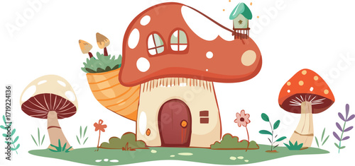 Playful cartoon mushroom house nestled among mushrooms and greenery, creating a charming garden scene.