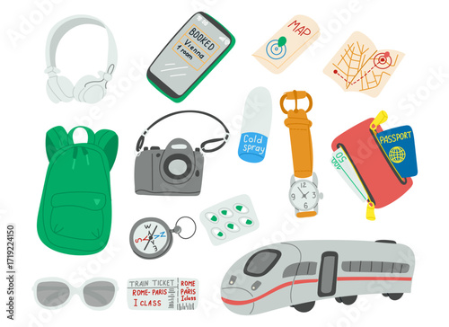 Travel essentials doodle set with backpack, passport, train, maps, and accessories. Vacation and journey preparation concept in colorful hand drawn style