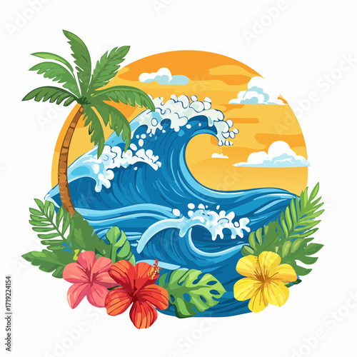 Vibrant tropical illustration of a crashing ocean wave, palm tree, and exotic flowers under a sunset sky, evoking summer and beach holidays