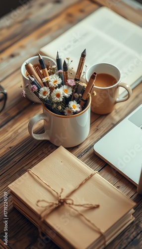 Artistic work space with journals, writing instruments, wildflowers, laptop and coffee mug on textured surface for a creative and inspired workflow