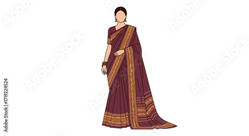 Elegant Indian Woman in Saree A Traditional Attire Illustration. Depicting cultural heritage and style, this drawing showcases the grace of a saree
