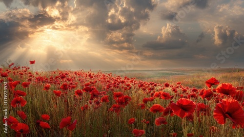 Red poppy flower field blooming under a dramatic sunset sky with sun rays. Nature background or Remembrance Day concept.