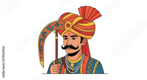 Illustration depicting a traditional Indian man wearing a vibrant turban, holding a ceremonial object, and showcasing cultural attire with regal elements and ornamental jewelry