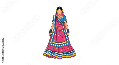 Illustration of a woman in traditional Rajasthani attire, showcasing vibrant colors, intricate embroidery, and cultural representation of Indian ethnicity