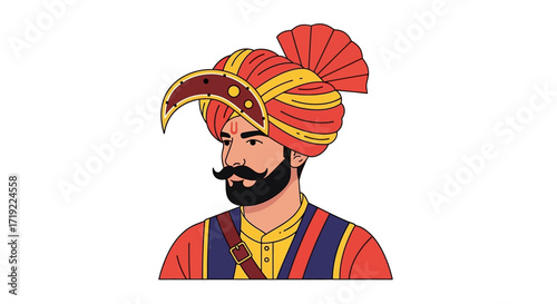 Portrait of a Maratha Warrior A Colorful Illustration of a Historic Figure, Showcasing Traditional Attire and Cultural Significance with a Regal Headwear