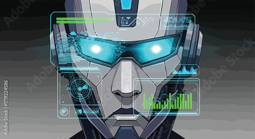 Cyborg or Robot Face with a Heads-Up Display and Glowing Eyes