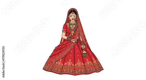 Illustration of a beautifully adorned Indian bride in a traditional red lehenga, showcasing intricate embroidery and cultural elegance, perfect for wedding-themed designs