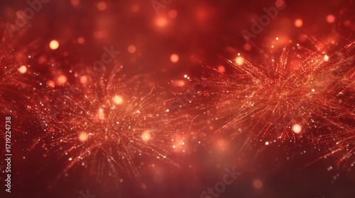Red festive fireworks exploding background. Sparkling light effect with bokeh. Glittering event celebration concept for New Year or holiday.