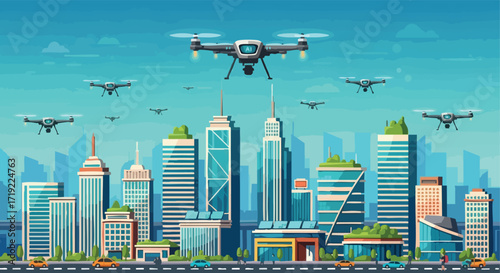Delivery Drones Flying Over a Modern Cityscape