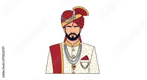 Detailed illustration of an Indian groom adorned in traditional attire, featuring a vibrant turban, elaborate sherwani, and regal accessories, showcasing cultural elegance
